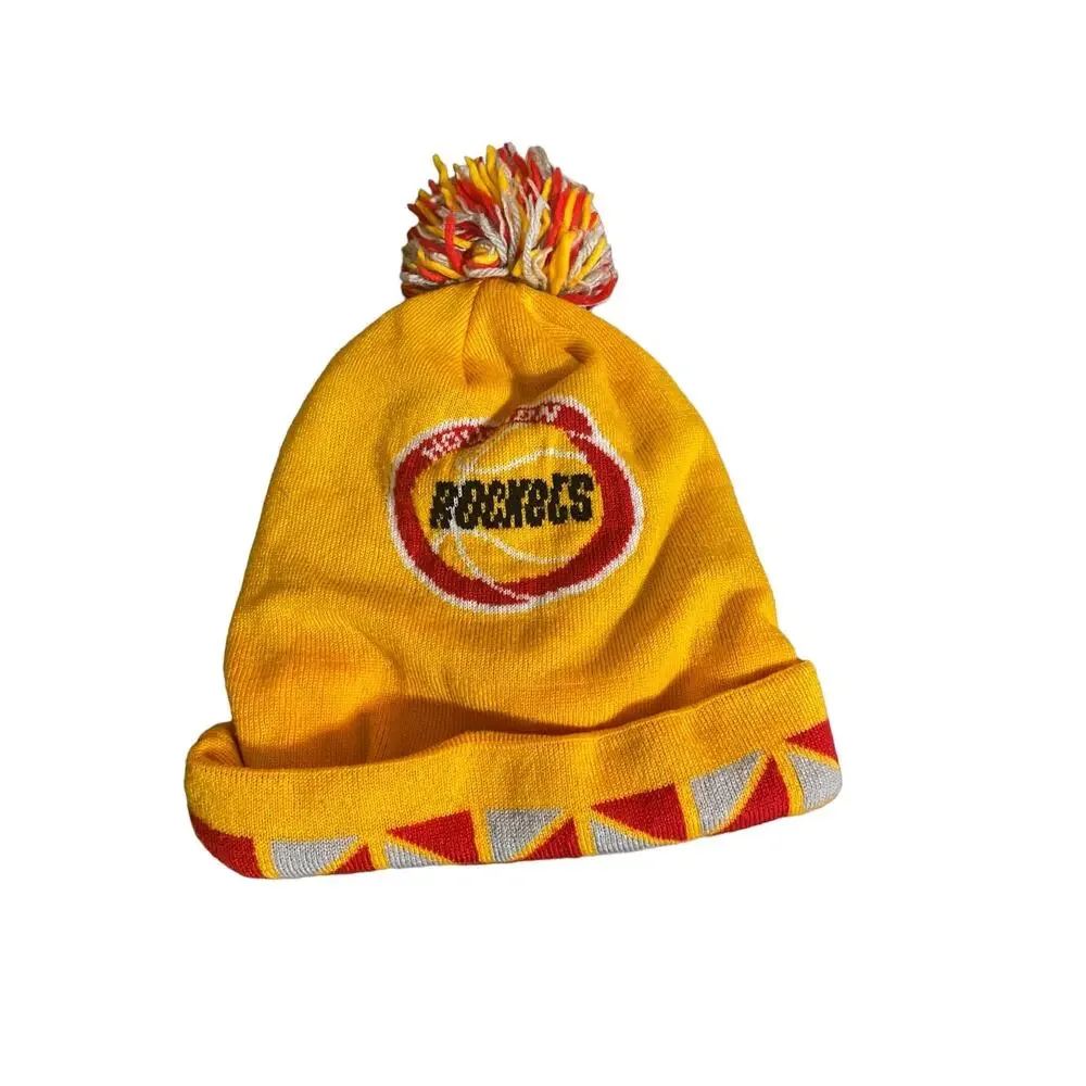 Mitchell & Ness Houston Rockets Beanie Pom Pom Double Sided Knit Hat Red/Yellow